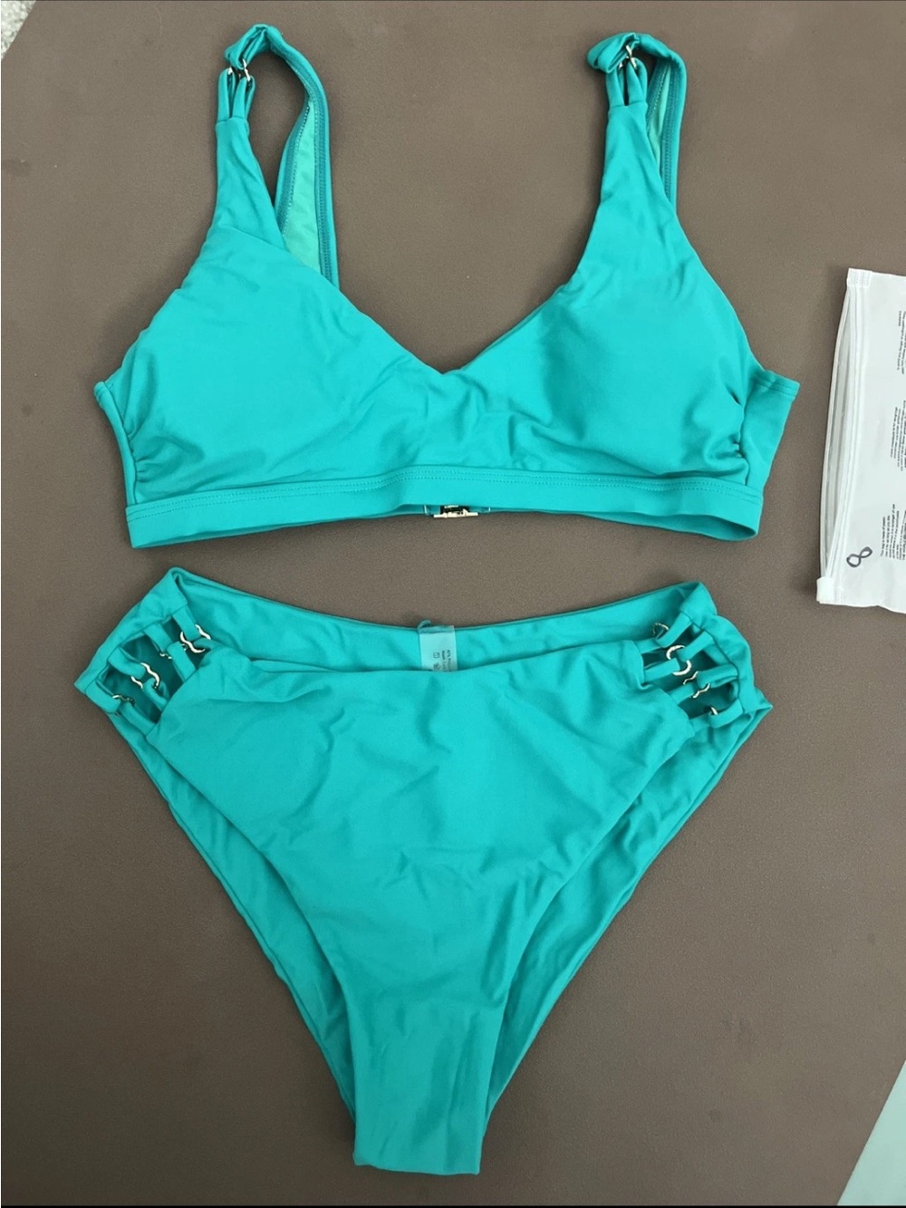 Turquoise Two-Piece Bikini Set with Side Ring Accents